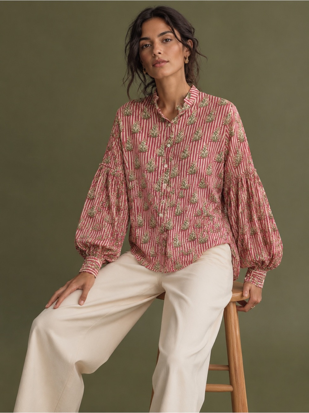 Relaxed Pink Floral-Stripe Button Down Blouse
